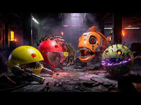 Pacman with Rolling Robot Battles Spider Blade Robot Inside Shifting Gravity Lunar Labyrinth