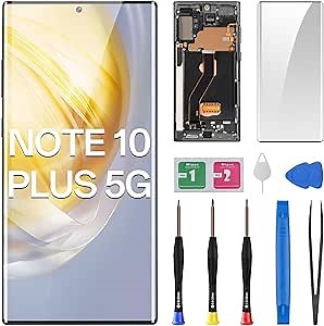for Samsung Galaxy Note 10 Plus 5G OLED Screen Replacement SM-N976U N976U1 OLED Display Touch Digitizer Full Assembly with Aura Black Frame and Side Button Glass Repair Tools Kit