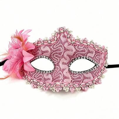 1pc Vintage Lace Masquerade Mask With Rhinestones & Feather, Women's Venetian Mask For Halloween Costume, Cosplay, Prom, Photo Prop | SHEIN