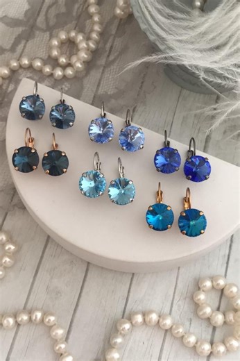 Blue Tone Crystal Earrings, Blue Round Stone Solitaire Earrings, Denim Blue Navy, Pastel Blue, Bermuda Blue Aquamarine Dangle Earrings - Etsy