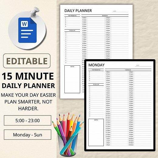 15 Minute Daily Planner: Editable Time Blocking Template (printable PDF) - Etsy