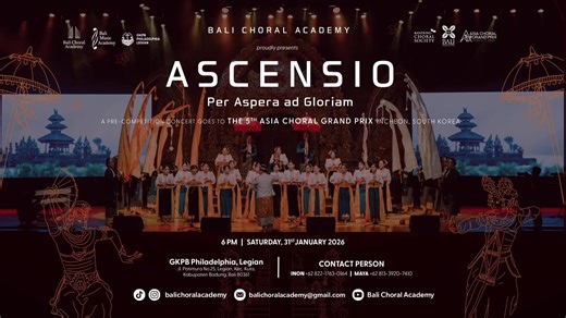 “Per Aspera ad Gloriam” – Menuju Kemuliaan Melalui Jerih Payah ✨ Puji syukur, konser pre-competition Bali Choral Academy “ASCENSIO” menuju 5th Asia Choral Grand Prix 2026 (@koreaintchoircompetition ) di Incheon, Korea Selatan, telah terlaksana dengan sukses dan lancar! 🎶✨ Keberhasilan malam kemarin tidak lepas dari dukungan luar biasa berbagai pihak. Terima kasih yang sebesar-besarnya kami ucapkan kepada: * Bali Music Academy atas kolaborasi dan harmoni yang tercipta (@Bali Music Academy ). * P