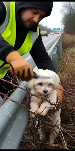 brave rescue worker saves a little dog trapped beside a rainy highway #animalrescue #dog #pets