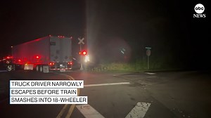 127K views · 1.3K reactions | The driver of an 18-wheeler tractor-trailer is lucky to be alive after he narrowly escaped a massive collision with an oncoming train outside Atlanta on Tuesday. The blaring of train horns is heard as the railroad crossing arms lower and a man is seen hopping out of the driver's side of the truck, narrowly making a run for it moments before the train makes impact. Read more: https://abcnews.visitlink.me/q_d4CG | ABC News | Facebook