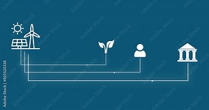 Solar power, business and animation with icon in abstract for sustainable, development and ecology. Wind turbine, panel and graphic with energy for carbon neutral, environment and industry innovation