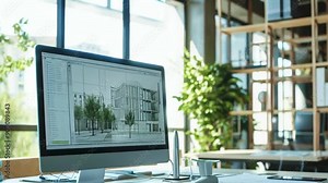 A modern office workspace with a large computer screen displaying architectural design. The room is bright with natural light, featuring plants and wooden shelves. The setting creates an inspiring