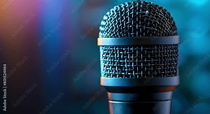 Minimalist studio microphone against blue background for professional recording in various genres. Concept Professional Recording, Minimalist Studio Mic, Blue Background, Various Genres