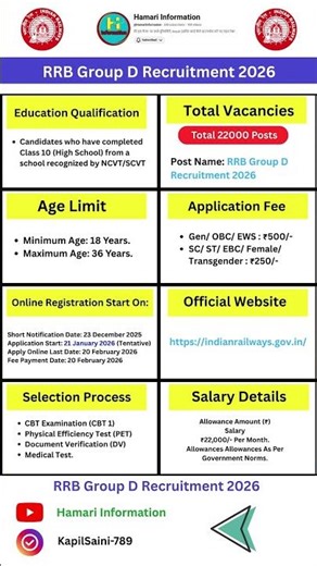 Railway RRB Group D New Vacancy 2026 | Railway Group D New Vacancy 2026 | #railway #jobs