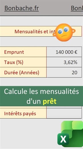 Calculer les mensualités d'un prêt bancaire avec Excel 📚 Le Livre des astuces Excel : https://www.bonbache.fr/livres-excel-pdf.php#livre-excel-ast Cette vidéo montre comment calculer les mensualités d'un emprunt à l'aide de la fonction Excel VPM, en ajustant le taux d'intérêt et la durée pour obtenir le montant à rembourser chaque mois. Elle explique aussi comment obtenir le remboursement total et les intérêts versés à la banque à l'issue. | Formations Excel, Access et bien d'autres