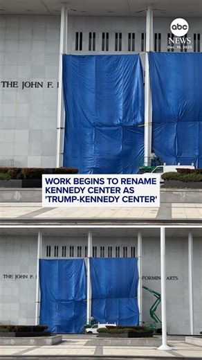 ABC News on Instagram: "Work to rename the Kennedy Center to the “Trump-Kennedy Center” has begun — just one day after the White House announced that the board voted "unanimously" to rename the building. The move raises legal questions, as it appears congressional approval would be needed to make the name change. Back in February, President Trump fired multiple members from the Kennedy Center's Board of Trustees and became its chairman. Several of his administration officials were then installed