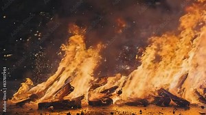 campfire bonfire fireplace close-up shot with embers and flames - 4k new stock video footage animation design AI