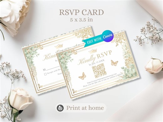 Printable Quinceañera RSVP Card With QR Code | Sage Green and Gold Elegant Reply Card for Guests | Editable Sweet 15 Invitation Insert - Etsy