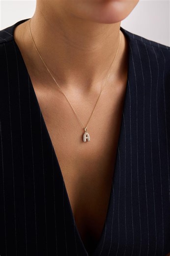 14K Solid Gold Diamond Initial Necklace Stone Letter Pendant Minimal Alphabet Charm - Etsy