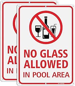 T&R No Glass Allowed In Pool Area Sign - 2 Pack - 14"x10" .040 Rust Free Heavy Aluminum, Reflective, Waterproof, Weatherproof and Fade Resistant, 6 pre-drilled holes, Easy to Mount