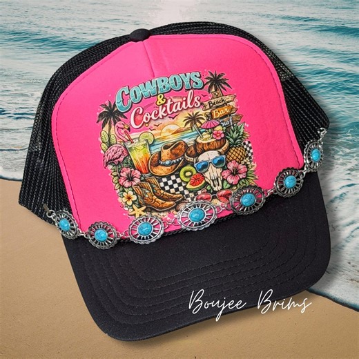 Beach Trucker Hat, Coastal Cowgirl, Cowboys and Cocktails, With Hat Chain - Etsy