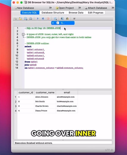 Mary | Data & Analytics Educator on Instagram: "SQL in 30 Day 16: INNER JOIN Full video on my TikTok! #dataanalyst #dataanalysis #dataanalytics #sqlin30 #sql #coding #programming #sqlcode #techjobs #breakintotech #wfh #workfromhome #wfhjobs #remotejobs #remotework"
