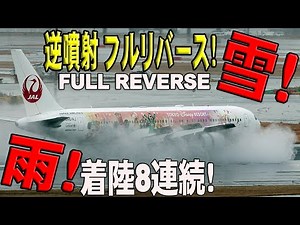 🔴羽田空港 リバーススプラッシュ 雨雪の着陸 逆噴射8連続 Full Reverse フルリバース Haneda Airport Landing in rain/snow Reverse thrust