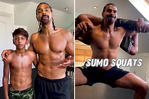 Watch as David Haye uses son Cassius as a weight in workout as pair stay ripped training at home