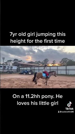 Short video of a kid riding a horse. Small pony jumping big.