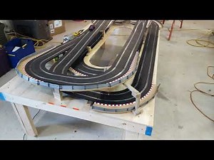 Sweet Scalextric slot car track on 4x8, three levels