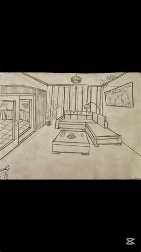 How to draw🦚a living room on one point perspective 👱🏻‍♀️
