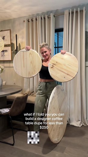 How to DIY your own high end coffee table! This gets a 🍷🍷🍷/5 on my DIY wine scale - it was quick and easy, and doesn’t require a ton of skill, but you will need to rent or own power tools. What do you think about the final look? Follow along for more easy DIYs rated with my signature wine scale 🫶🏼 What you’ll need: - One (1) 36 inch wooden round - Lowe’s - Two (2) 18 inch wooden rounds - Lowe’s - Three (3) 2 x 4s cut to 15 inches each - you can have these cut at your hardware store. I used 