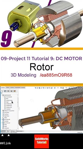 9- 3D Draft | DC Motor |: Rotor #3d #solidworks #tutorial #cad #drawing #motor #electronics