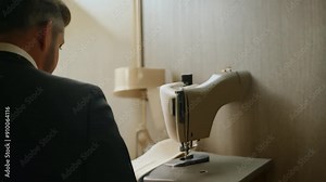 A tailor focuses intently while sewing fabric at a classic sewing machine in a well-lit room, showcasing skill and craftsmanship
