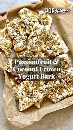 Passionfruit & Coconut Frozen Yogurt Bark by Ragan Wallake Kitchenette simply tastes like summer. 🥥 #popkitchen #frozenyogurt #passionfruit #summerrecipes #healthytreats | Pop Kitchen from Parade