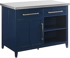 Crosley Furniture Silvia Stainless Steel Top Kitchen Island, Microwave Stand, Coffee Bar, with Shelves, Navy/Stainless Steel