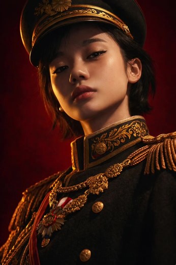 prompt: Depict me wearing the costume of Emperor Hirohito from Japanese history,incorporating the clothing design seen in Mobile Legends. Create his signature pose, characterized by stark cinematic lighting and intense contrast.Captured with a slightly low, upward-facing angle that dramatizes the subject's jawline and neck, the composition evokes quiet dominance and sculptural elegance.The background is a deep, saturated crimson red, creating a bold visual clash with the model's luminous skin an