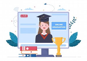 Journée Virtuelle De Remise Des Diplômes En Ligne Des étudiants Célébrant L'illustration Vectorielle D'arrière-plan Portant Une Robe Académique, Une Casquette De Diplômé Et Un Diplôme En Communication Par Vidéo | Vecteur Premium