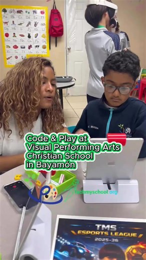 Tech My School | Educational Nonprofit Organization, Puerto Rico on Instagram: "💻✨ Learning Through Play + Immersive Tech at Visual Performing Arts Academy in Bayamón! Our day began with Code & Play, where students explored logic and creativity using Osmo Duo. These play-based coding challenges turned fun into foundational STEM learning—fostering collaboration, critical thinking, and curiosity. 🚀 Students also stepped into new worlds with Virtual Reality, experiencing immersive environments th