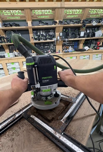 On this big conference table there are a bunch of knots and I’m either going to fill them with epoxy or with inlays. To help make the decision I’m going to do the bottom of the table with the inlays and see if I like it before flipping it over and doing the top. First step is to use the @Festool Canada OF 2200 router to cut out the material at a uniform depth