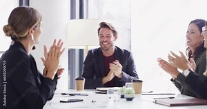 Manager, happy man and business people celebrate, applause and excited for project, accomplishment or achievement. Happiness, celebration and team clapping for success goals, feedback report or news