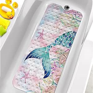 Bathtub Mats for Kids, Pink Mermaid Bath Mat for Tub Non Slip, 40 X 16 Inch Large Washable Bathtub Mat Non Slip for Showers with Drain Holes and Suction Cups