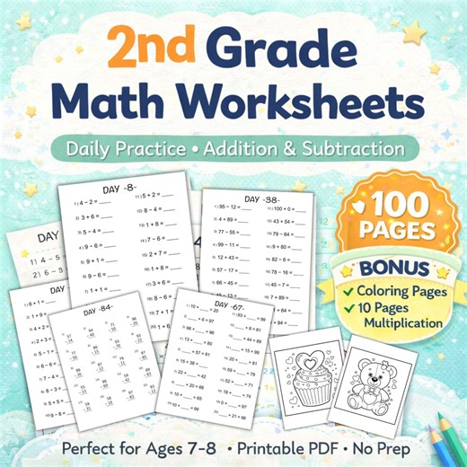 100 Days Math Worksheets for 2nd Grade | Addition - Subtraction | Easy to Hard | Printable PDF - Etsy