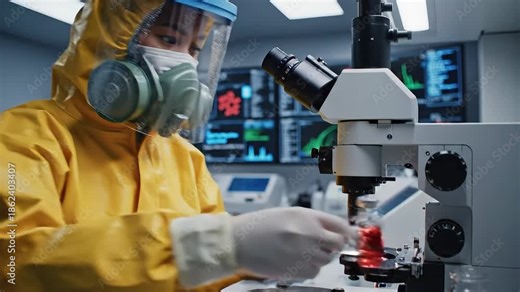 Dedicated scientist in full yellow hazmat suit and respirator conducting critical research using a microscope in a hightech laboratory meticulously examining biological samples for disease analysis a.