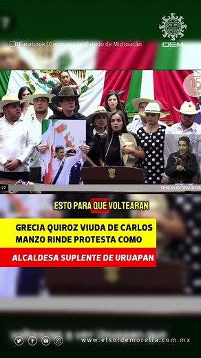 94K views · 3.2K reactions | Tras el asesinato de Carlos Manzo el pasado 1 de noviembre, Grecia Quiroz, su viuda, tomó protesta como presidenta municipal suplente de Uruapan, luego de ser aprobada por unanimidad en el Congreso del Estado. La nueva alcaldesa prometió seguir el legado de su esposo en un emotivo acto donde se entonó el Himno Nacional.  Lee la nota completa en nuestro sitio https://tinyurl.com/ysez3rm3 | El Sol de Zamora | Facebook