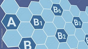 hexagon grid with vitamins name, concept of science and medicine (3d render)