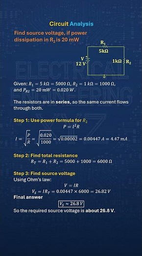 How to find source voltage in two resistor series network when R2 Power dissipation is given