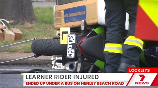 A learner motorbike rider has been lucky to escape serious injury after ending up under the back of an Adelaide Metro bus at Lockleys. | 7NEWS Adelaide