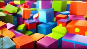 Colorful building blocks transitioning from top to bottom then exploding.