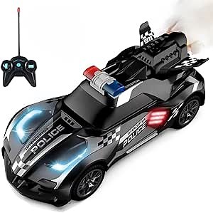 Remote Control Police Car Toy with Smoke Effect & LED Lights, Fast Rechargeable RC Car for Kids, Anti-Slip Rubber Tires, Cool Police Toys for Boys & Girls, Birthday
