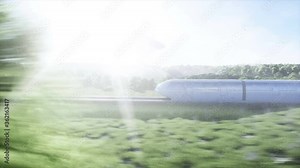 futuristic sci fi monorail train. Concept of future. Futuristic city background. Grass field. 4K realistic animation.