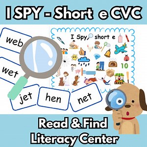 I Spy: Short E CVC Words | Phonics Center & Worksheet | Color + B&W