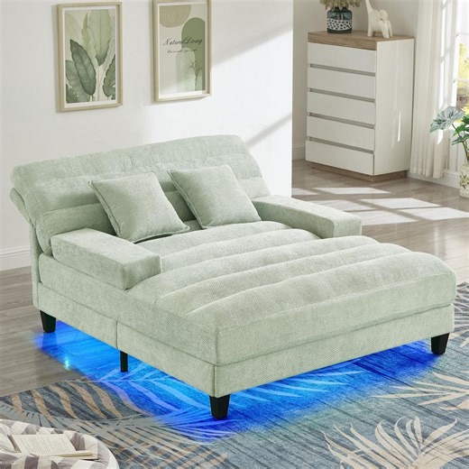 Check The Home Depot's Q&A Before Buying: Harper & Bright Designs Green 57.1 in. Modern Chenille Chaise Lounge Sofa Bed with 6-Position Adjustable Backrest, Smart Control RGB LED Light