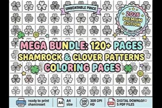 120 Shamrock Clover Coloring Pages, St. Patrick's Day Activity (5 PDF Digital Download) - Etsy