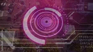 Digital target animation over aerial view of city streets and traffic