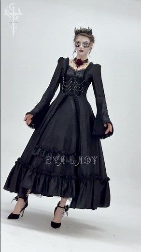 ESKT06601 Women's Gothic Floral Embroidered Ruched Lace-up Long Sleeved Dress Black